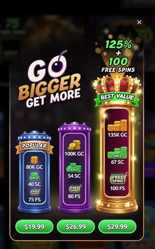 Jackpota Go Bigger, Get More welcome packs: $19.99, $26.99 and $29.99