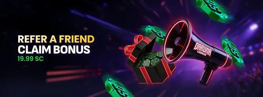Daruma Casino Refer a Friend banner: claim bonus, 19.99 SC